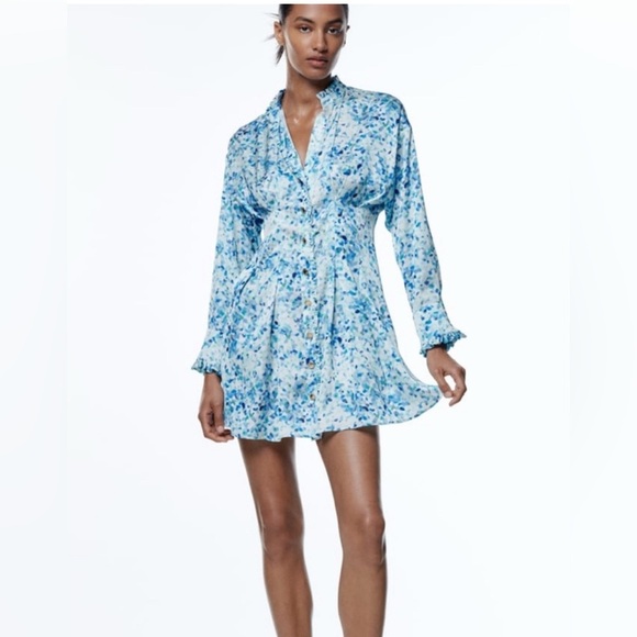 NWT Zara Printed Shirt Dress Blue Size M - Picture 1 of 14